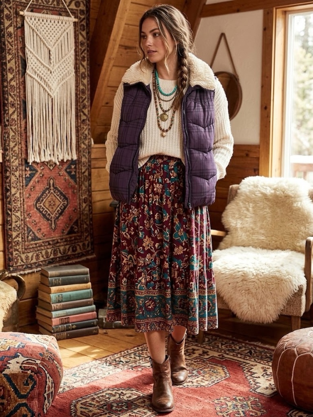 Purple Puffy Bohemian Vest with Faux Fur